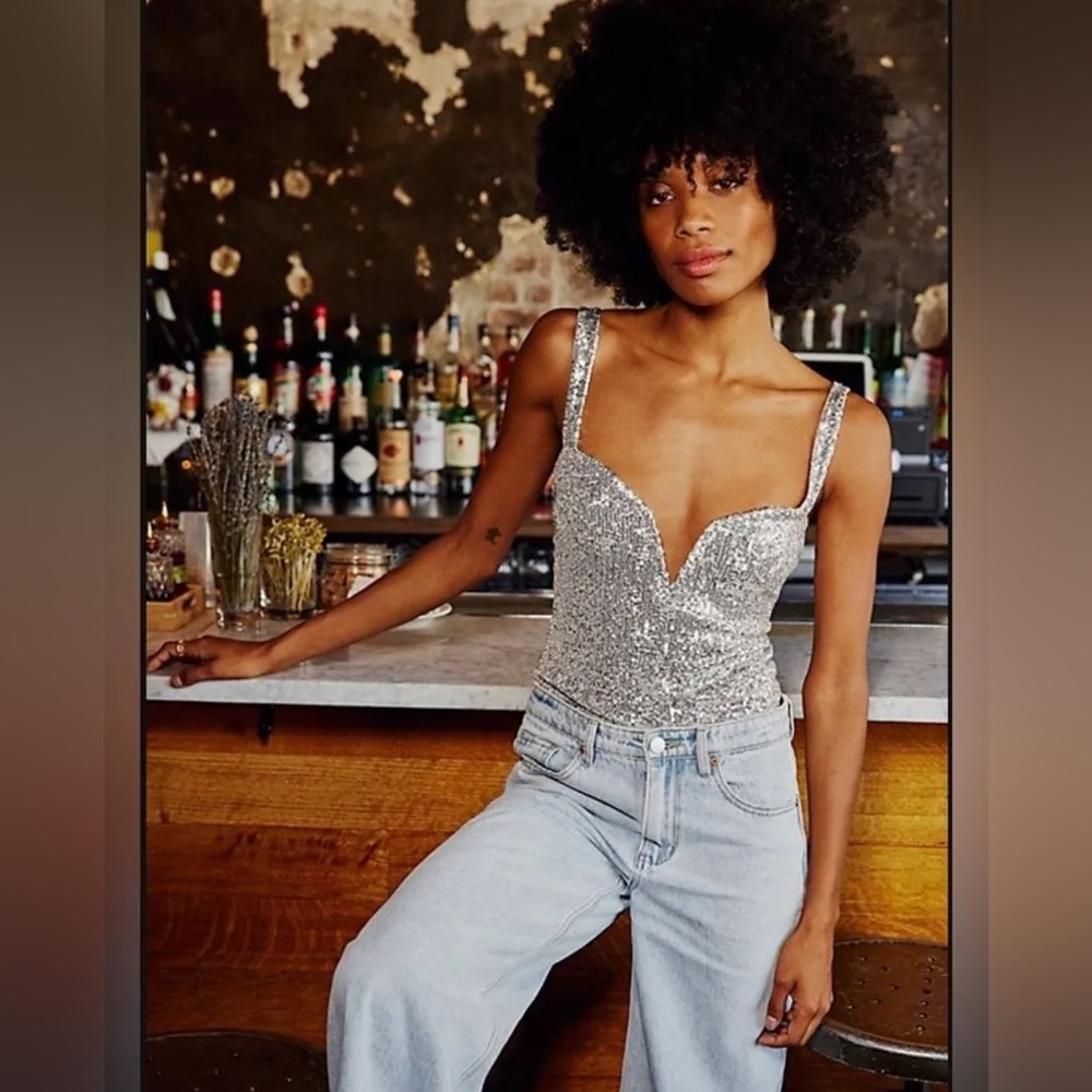 Free People Intimately Sparks Fly Sequin Bodysuit | Silver | Small | NWT